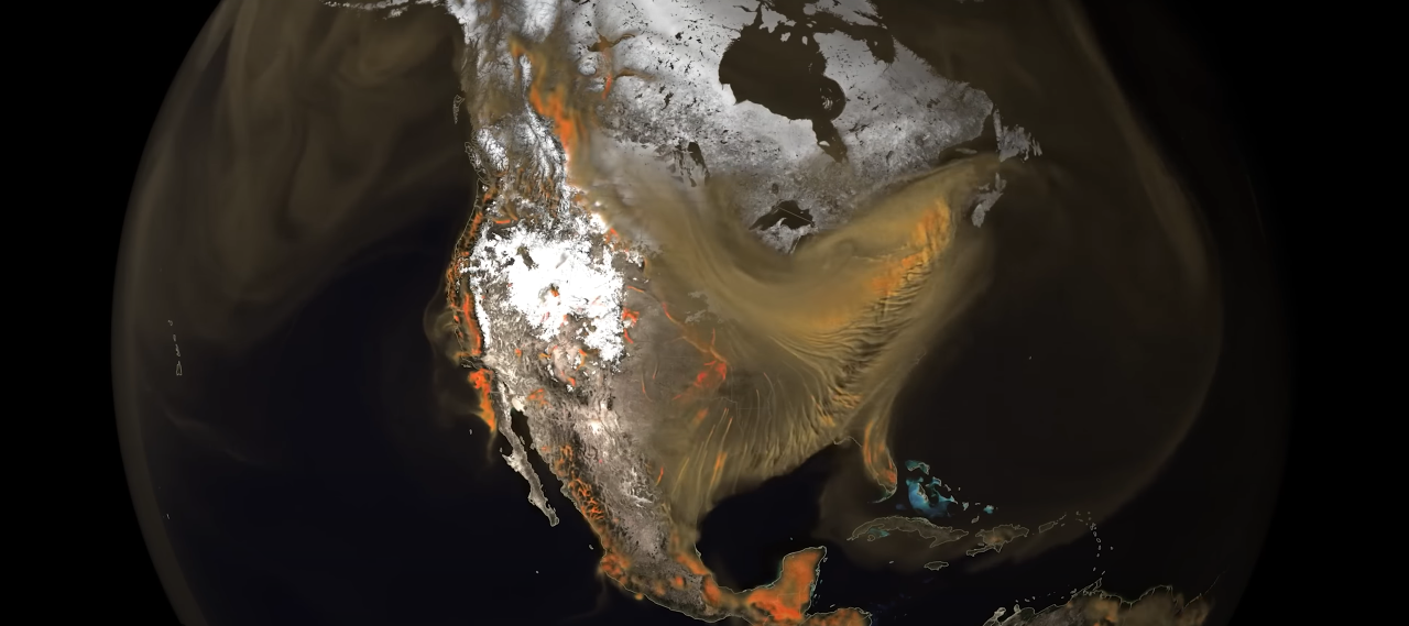 As imagens foram capturadas por meio de um modelo que usa base de dados de diferentes satélites e é alimentando por supercomputadores. Reprodução / Nasa