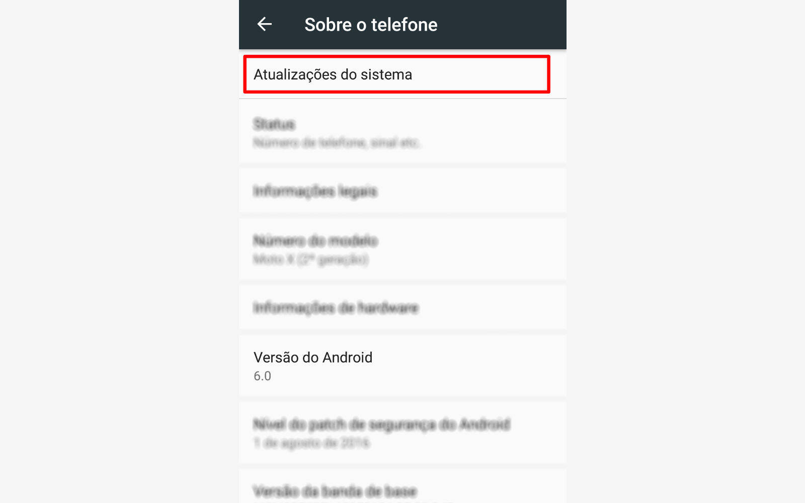 Além de informar qual a versão do Android, seção conta com botão para buscar atualizações. Foto: Reprodução