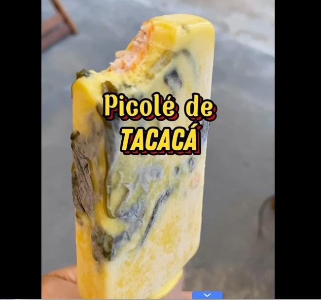 Em Belém, uma iguaria que costuma ser consumida bem quente virou picolé: paleta mexicana de tacacá, lançada numa sorveteria no bairro de Pedreira. Reprodução: Flipar