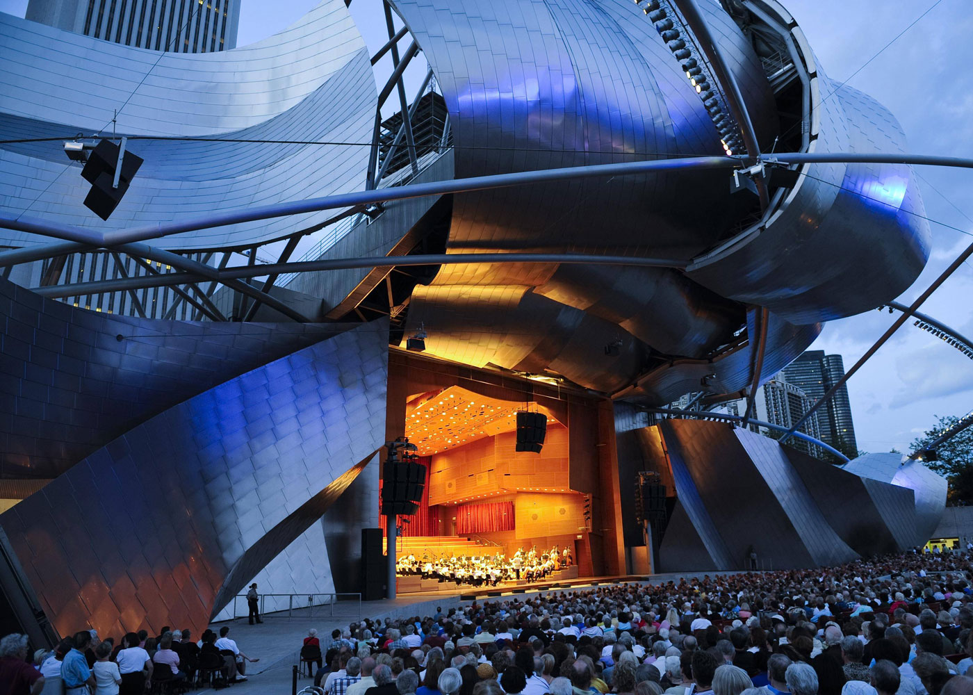 A concha acústica Jay Pritzker Pavilion, no Millennium Park, em Chicago.. Foto: Divulgação