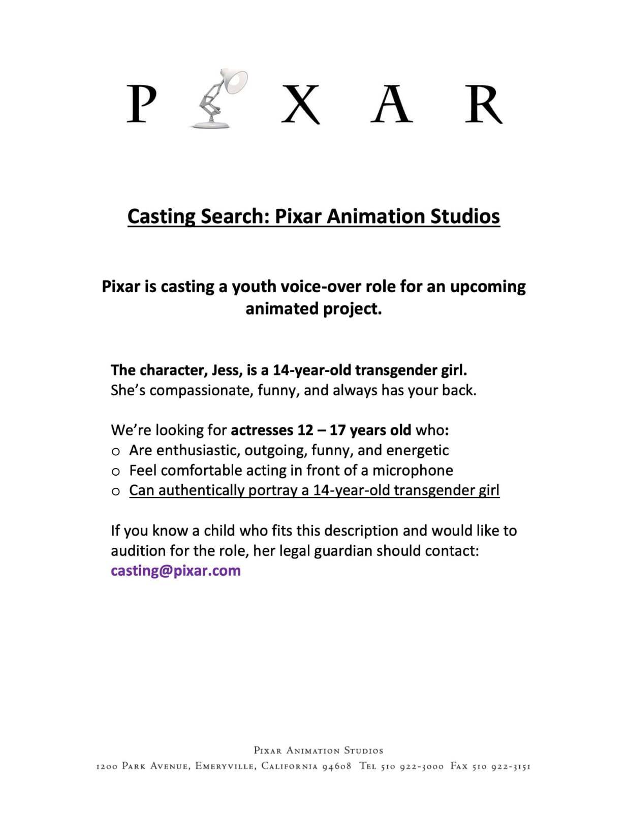 Comunicado da Pixar de abril de 2021, em que a empresa afirma procurar atriz para dar vida a personagem trans. Foto: Reprodução