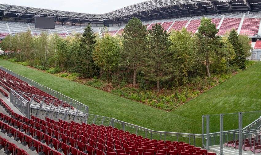 Floresta com 300 árvores: Wörthersee-Stadion, estádio do Klagenfurt, na Áustria, se transforma em "mini-Amazônia". Foto: Divulgação / Reprodução