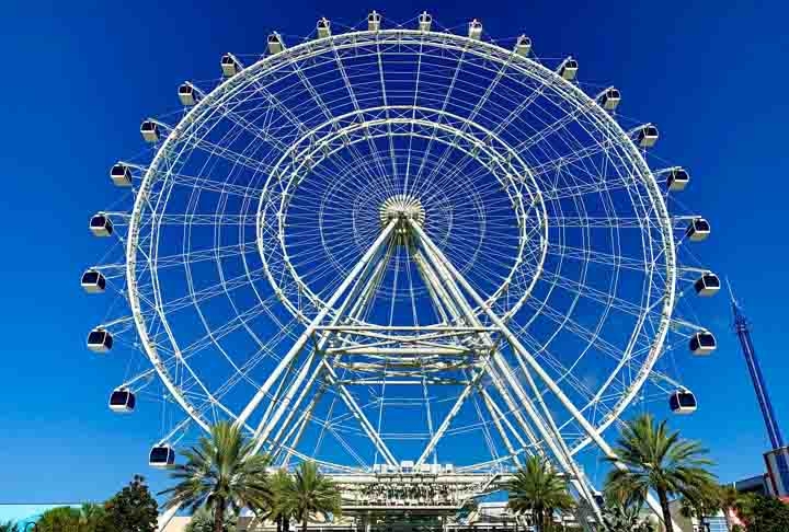 The Wheel (Orlando,Estados Unidos): Fica no Icon Park e possui 122 metros de altura, equivalente a um prédio de 40 andares. Trata-se da segunda maior roda-gigante de observação panorâmica dos Estados Unidos. Cada volta leva aproximadamente 23 minutos com direito a uma vista da região de Orlando. Reprodução: Flipar