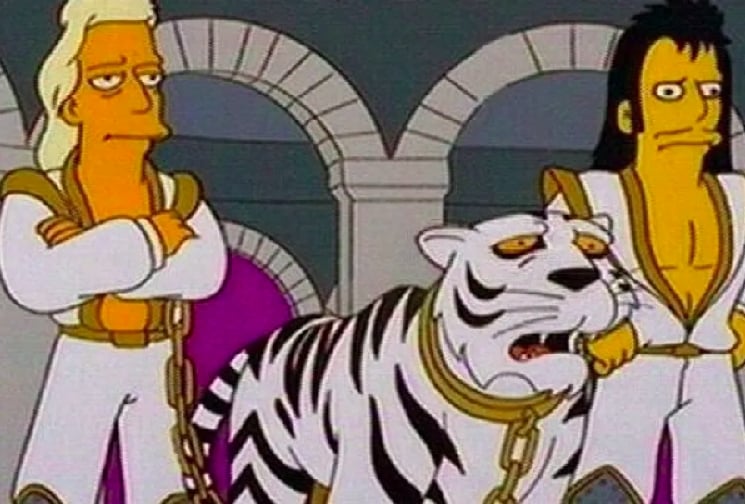 Tigre: Em 1993, um episódio de “Os Simpsons” mostra uma dupla de mágicos sendo atacada por um tigre branco que eles usam em seu espetáculo. A “premonição” teria a ver com Roy, da dupla famosa de mágicos Siegfried e Roy, que foi atacado pelo mesmo animal 10 anos depois. Reprodução: Flipar