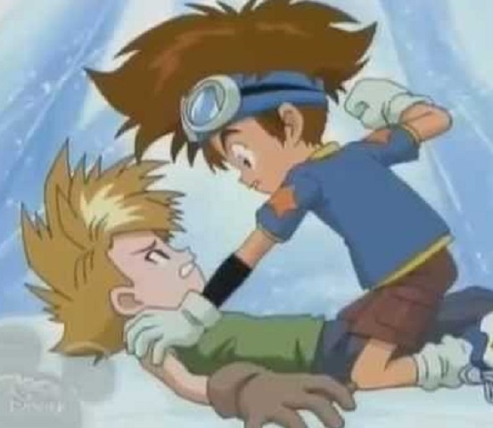 Tai vs Matt - Anime: Digimon - Tai e Matt são amigos e estão no mesmo grupo para combater o Mal, mas não são poucas as vezes em que eles brigam ou discutem entre si. Reprodução: Flipar
