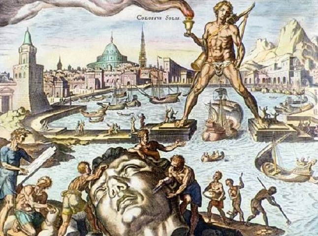 Colosso de Rodes (Grécia) – Era uma estátua de bronze de cerca de 33 metros de altura representando o deus do Sol, Hélio, erguida no porto da ilha de Rodes por volta de 280 a.C. Reprodução: Flipar