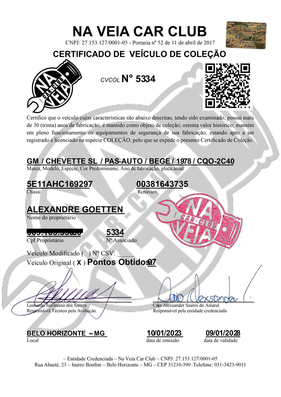 Certificado de originalidade (CVCOL) Reprodução/Léo Clássicos Vistorias