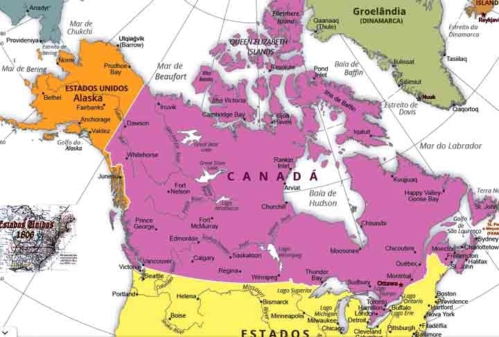 Localizado no extremo noroeste do continente americano, o Alasca - mesmo sendo um território dos EUA - fica acima do Canadá. Reprodução: Flipar
