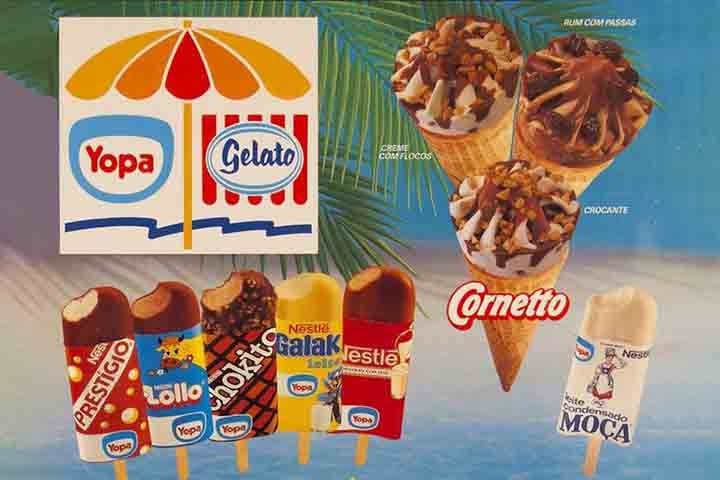 Nessa mesma década, a Nestlé formou uma parceria com a Gessy Lever para criar uma joint-venture casando as operações das marcas Yopa (da Nestlé) e Gelato (Gessy Lever) no Brasil. Reprodução: Flipar