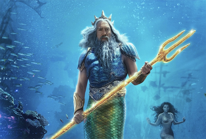 O tridente também está representado em A Pequena Sereia. Rei Tritão, que governa a Atantica, maneja seu todo-poderoso tridente, que lhe concede controle sobre os mares. Tritão é também pai de sete filhas, a mais notável sendo Ariel, grande personagem da história. Reprodução: Flipar