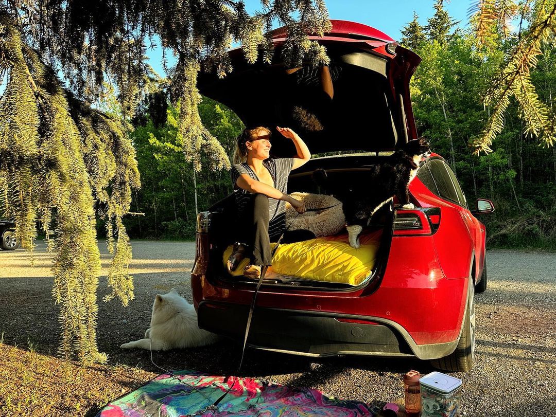 Stephanie vive em um Tesla Model Y com seus animais de estimação. Foto: Reprodução/Instagram