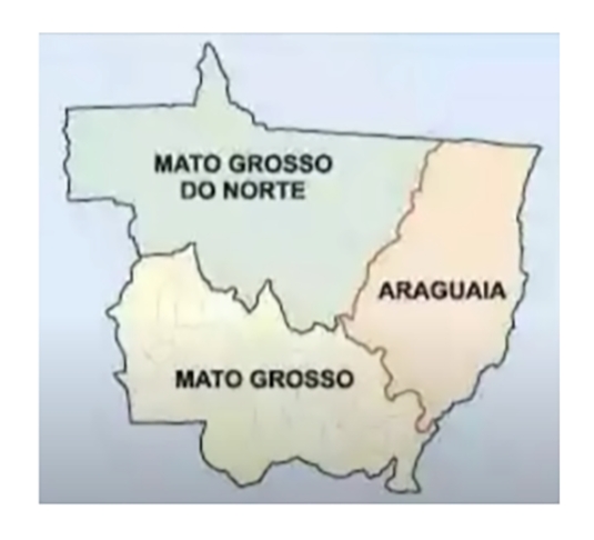  O Araguaia, a leste, ficaria com 32 municípios, com capital Barra do Garça. O Mato Grosso do Norte, na parte superior, teria 47 municípios. Em 1977, houve uma primeira separação no então estado do Mato Grosso com o desmembramento de Mato Grosso do Sul, cuja capital é Campo Grande. Reprodução: Flipar