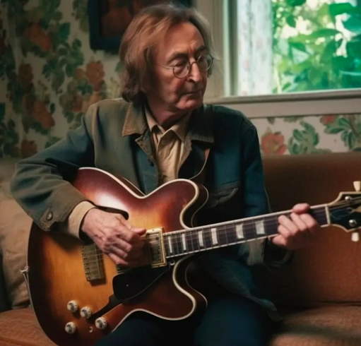 Outra imagem gerada pela IA mostra Lennon segurando uma guitarra Epiphone Casino, um modelo que ele e seu parceiro George Harrison costumavam usar entre os anos de 1965 e 1970. 