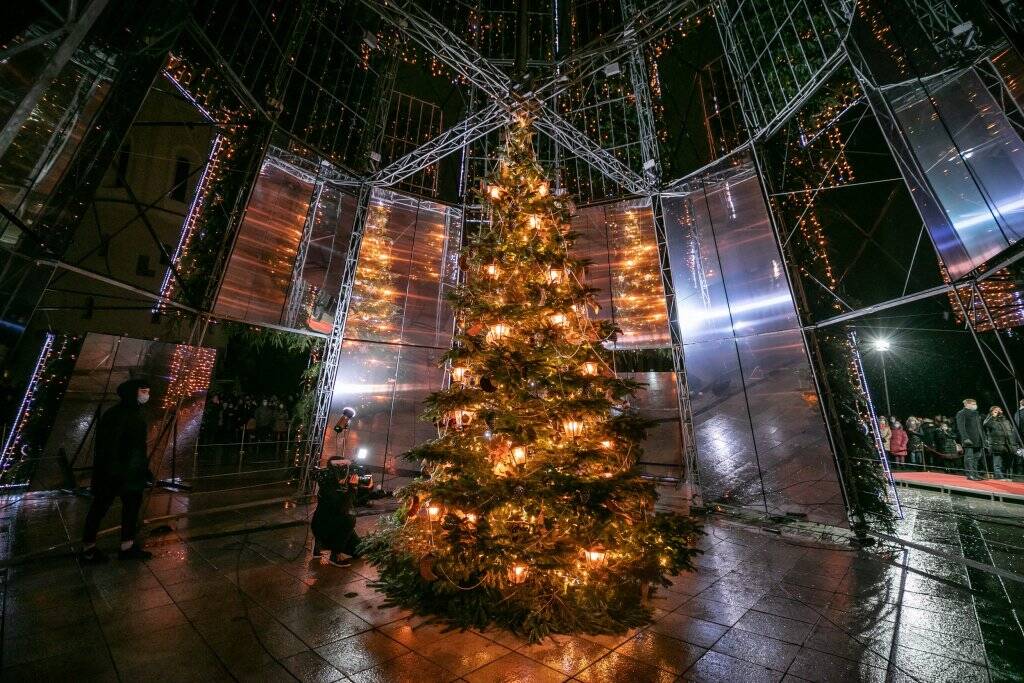 Parte de dentro da árvore de Natal em Vilnius. Foto: Saulius Ziura/Reprodução