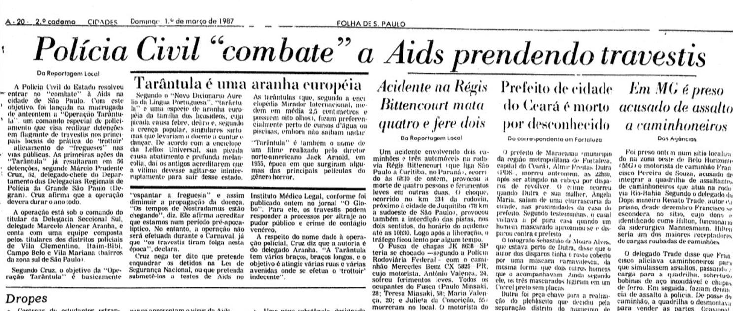 Página Folha de S. Paulo de 1987 sobre operações policiais contra travestis. Foto: Reprodução/Twitter 24.02.2023