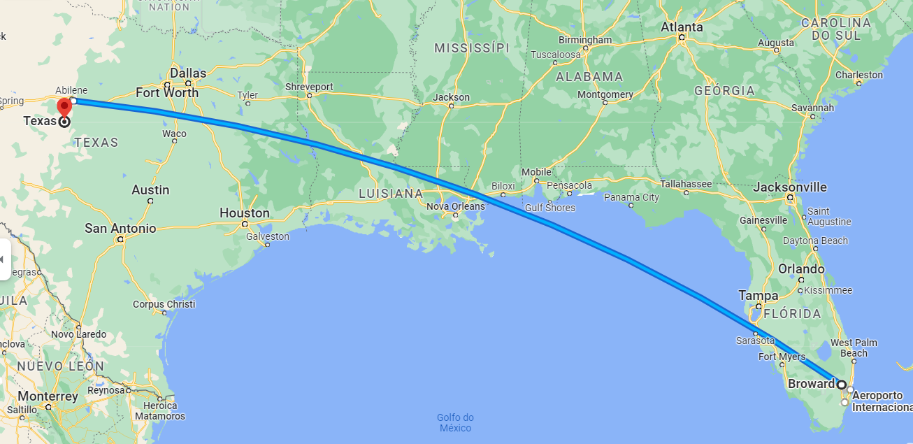 Adotante viajou aproximadamente 5 horas em um voo do Texas até a Florida, apenas para adotar Nala. Foto: Reprodução/Google Maps