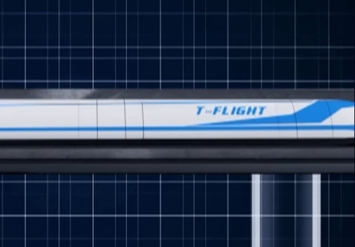 O trem T-Flight levita e não precisa de trilhos, mas sim magnetismo para se mover sem tocar em nada.  Reprodução: Flipar
