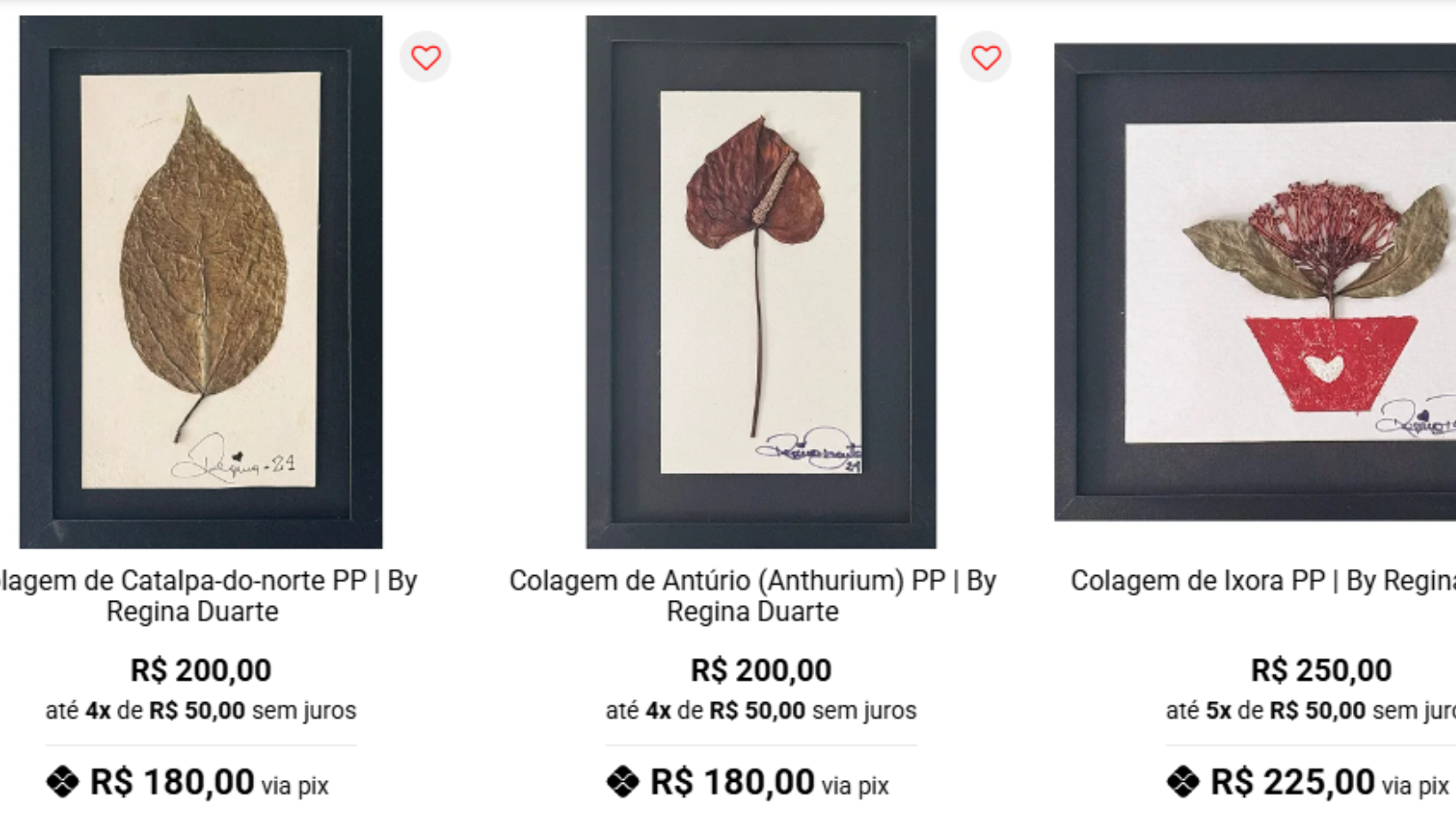 Regina Duarte vende pinturas e colagens botânicas. Foto: Reprodução site: reginadasartes.com.br