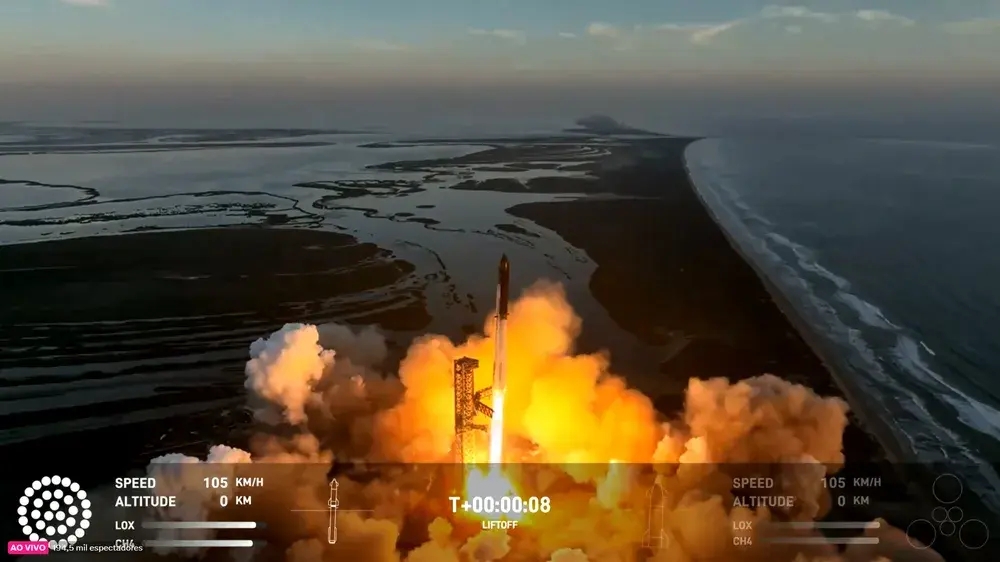 O propulsor da nave Starship, da SpaceX, empresa do bilionário Elon Musk, explodiu três minutos após a decolagem, no sábado (18/11).