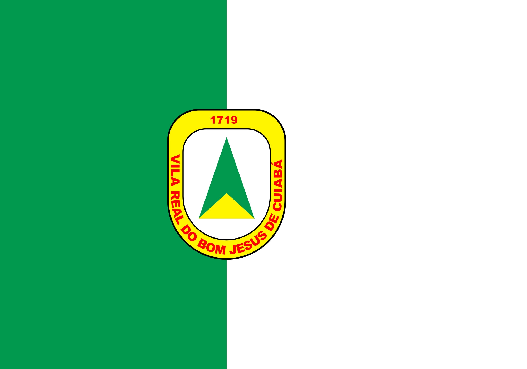 A bandeira de Cuiabá, no Mato Grosso, tem o desenho, que consiste em um retângulo dividido em duas faixas verticais. Uma verde do lado do mastro, e outra branca, na linha divisória entre as duas faixas está um brasão. Reprodução: Flipar