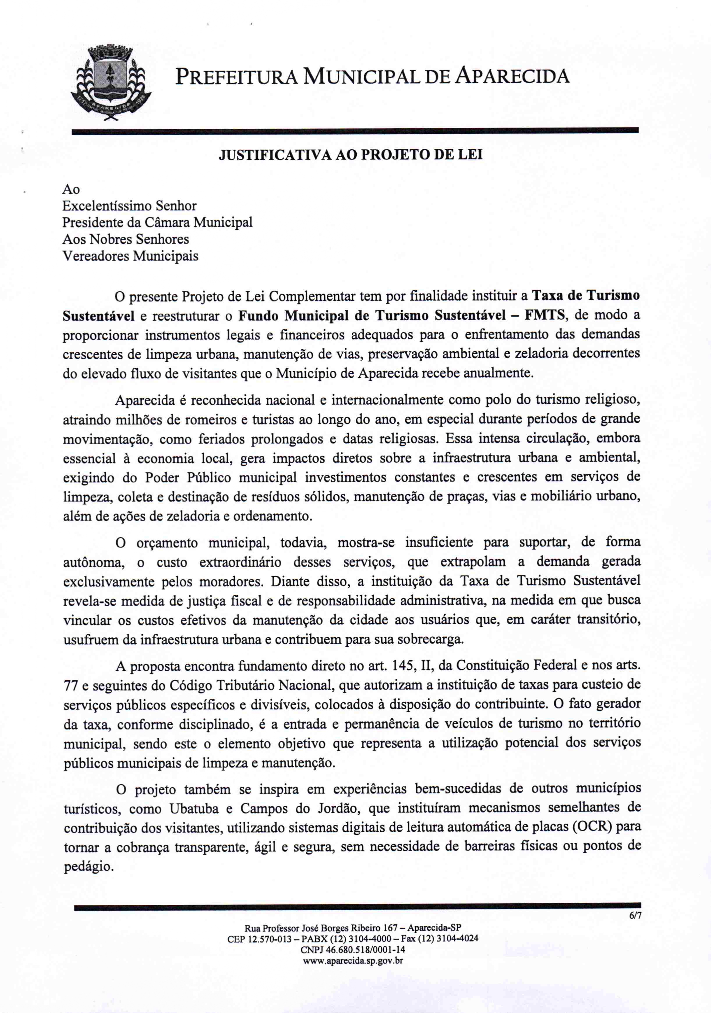 7- Projeto de Lei Complementar nº 004/2025 que cria a Taxa de Turismo Sustentável em Aparecida (SP). Foto: Prefeitura de Aparecida