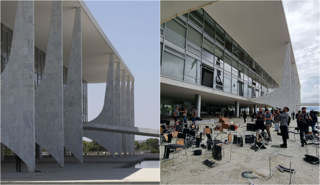 Antes e depois dos ataques no Palácio do Planalto. Foto: Montagem iG / Imagens: José Cruz/Agência Brasil e Marcelo Camargo/Agência Brasil