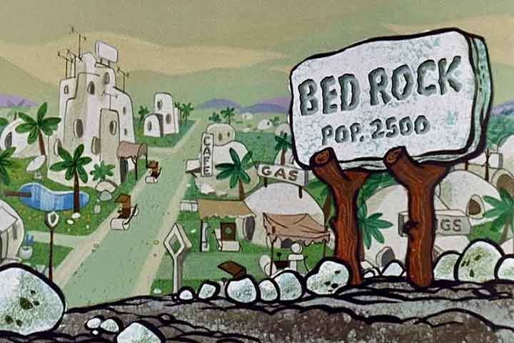 Bedrock é a cidade ficcional da pré-história onde moram os personagens dos Flintstones, desenho animado da Hanna-Barbera, produtora dos EUA. Com 2500 habitantes, a população tende a ser bastante amigável e tem o costume de participar de projetos de caridade. Reprodução: Flipar
