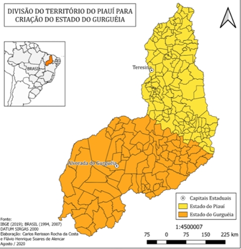  Gurgueia (igual ao nome do principal rio) ocuparia 60% do atual território piauiense e teria 87 municípios, na parte sul. A capital seria Alvorada do Gurgueia. O Piauí manteria a capital Teresina, no norte do atual território. Reprodução: Flipar