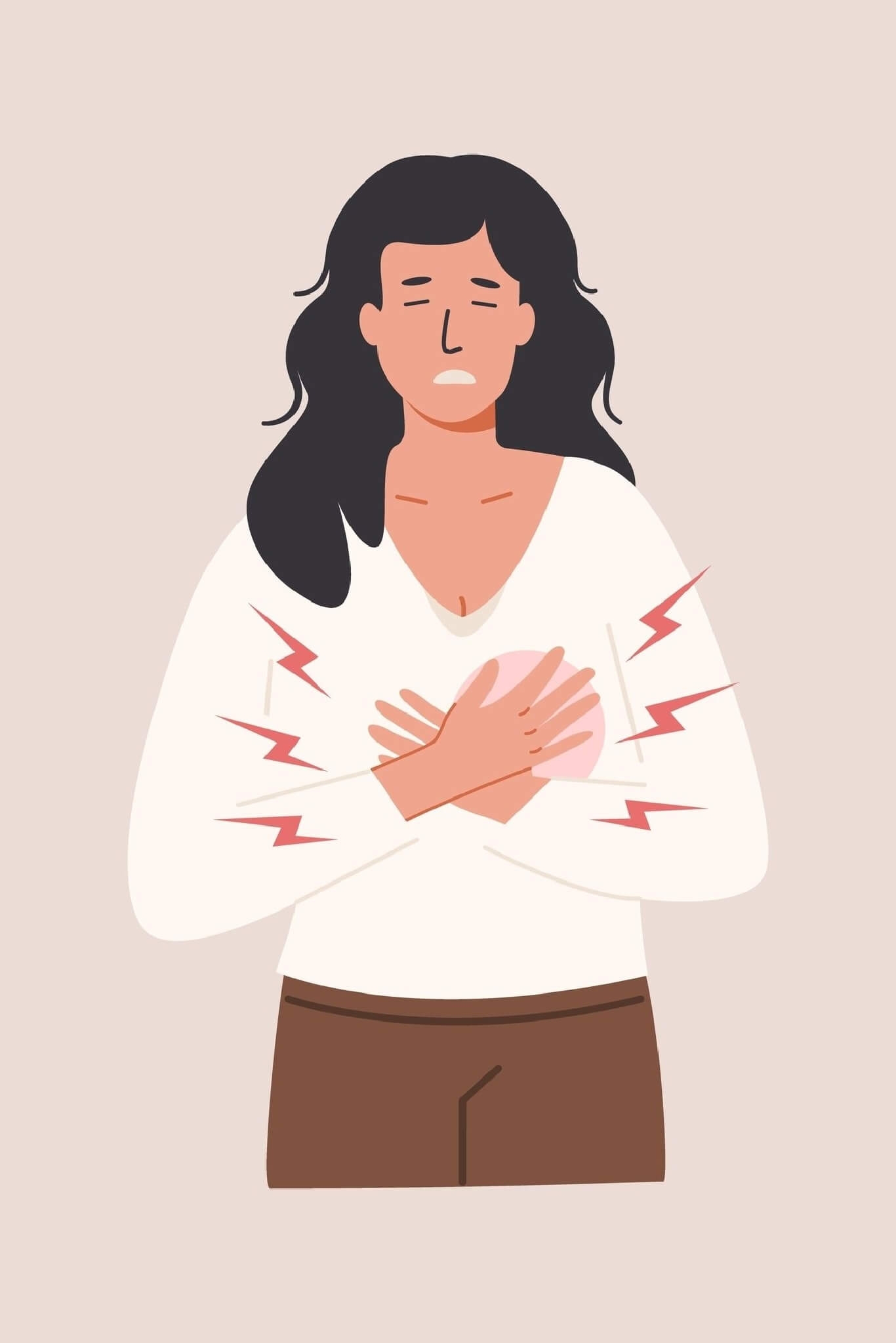 4. Dor no peito ou desconforto torácico Dores no peito ou desconforto na região torácica são sintomas comuns durante uma crise de ansiedade e podem ser confundidos com sintomas de um problema cardíaco. Essas sensações podem variar de uma pressão sutil a uma dor aguda e podem se manifestar de forma intermitente ou persistente. Reprodução: EdiCase
