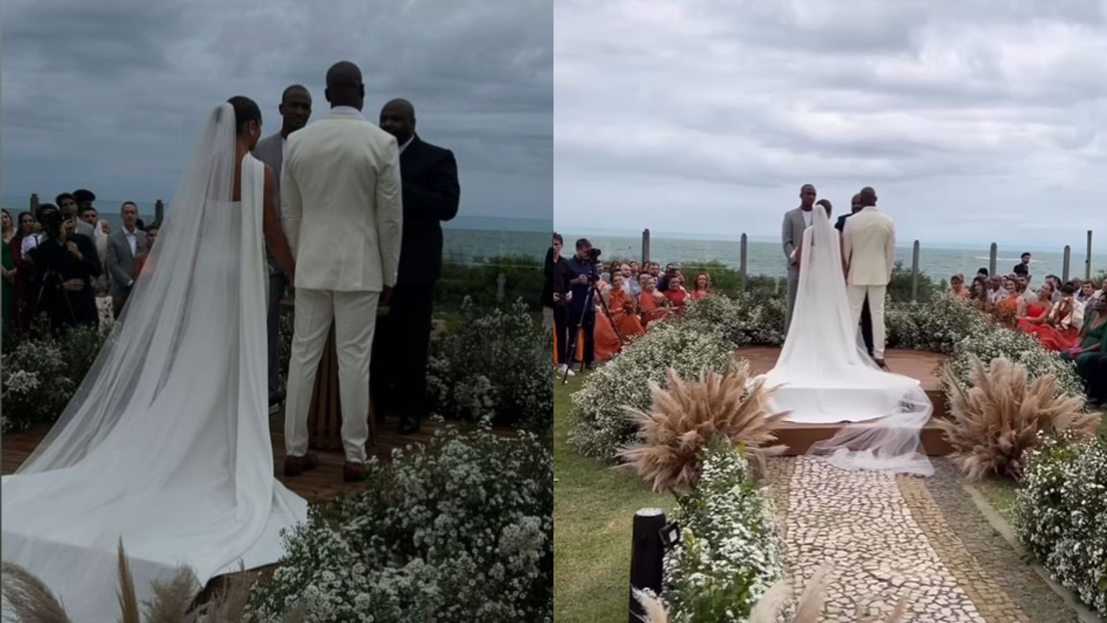 Rafael Zulu e Aline Becker se casaram com vista da praia ao fundo