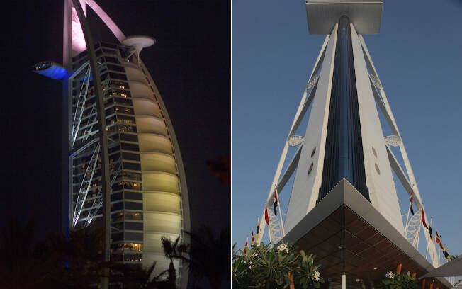 Burj Al Arab iluminado e hotel visto por trás, com o restaurante em formato de cruz no corpo. Foto: Arquivo pessoal