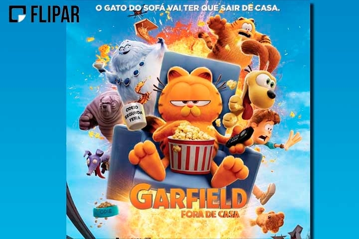 A animação “Garfield: Fora de Casa” está disponível para aluguel ou compra na Apple TV, YouTube e Google Play) após sucesso no cinema. O filme lançado em maio de 2024 faturou 230 milhões de dólares em bilheteria no mundo todo. Reprodução: Flipar