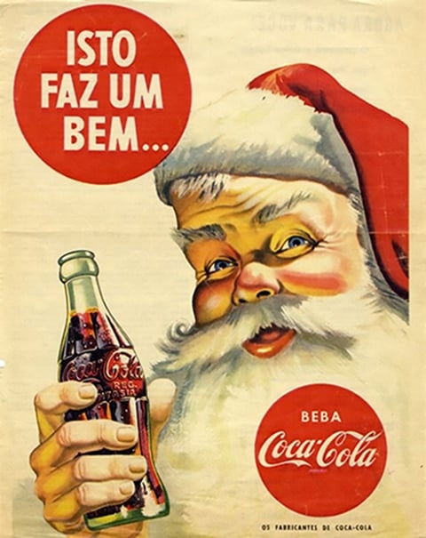 De fato, o marketing da Coca-Cola é algo a ser estudado e que vale uma galeria só para ele. Foi a empresa que, por exemplo, usou o Papai Noel com a cor vermelha pela primeira vez. Antes, o Bom Velhinho usava verde.  Reprodução: Flipar