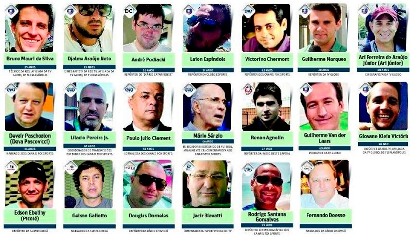 Eram seis jornalistas da Fox,  3 da TV Globo,  um do GloboEsporte.com, quatro da RBS, dois da Rádio Super Condá, dois da Rádio Chapecó, um da Rádio Vang e da RIC TV (afiliada da TV Record) e um da Rádio Oeste. Reprodução: Flipar