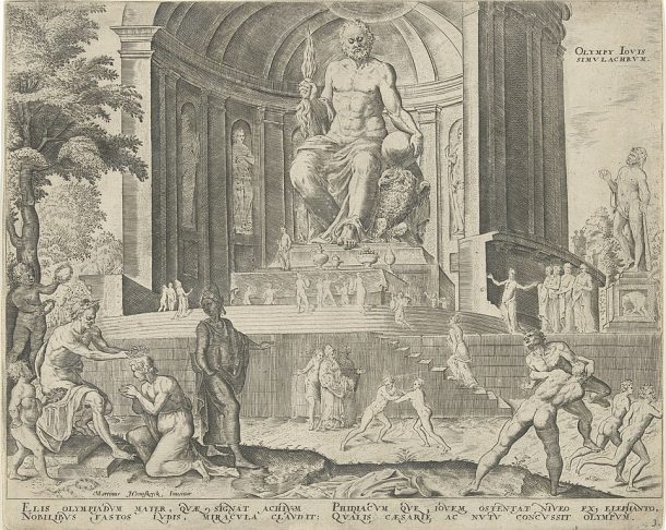 Representava a supremacia de Zeus e o orgulho da cidade de Olímpia, sede dos Jogos Olímpicos. Foi destruída no século 5 d.C., provavelmente em um incêndio em Constantinopla, para onde teria sido levada. Reprodução: Flipar