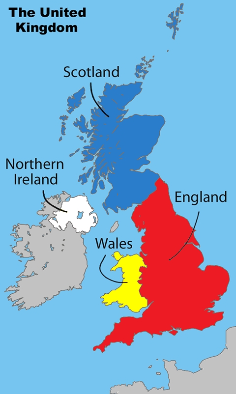 O País de Gales (Wales, em inglês) fica no sudoeste da Grã-Bretanha, tendo a Inglaterra de um lado e o Oceano Atlântico do outro, com a Irlanda e a Irlanda do Norte mais adiante.  Reprodução: Flipar