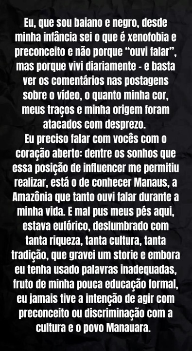 Pronunciamento de Rodrigo Cruz. Foto: Reprodução: Instagram/@bocadeurna_