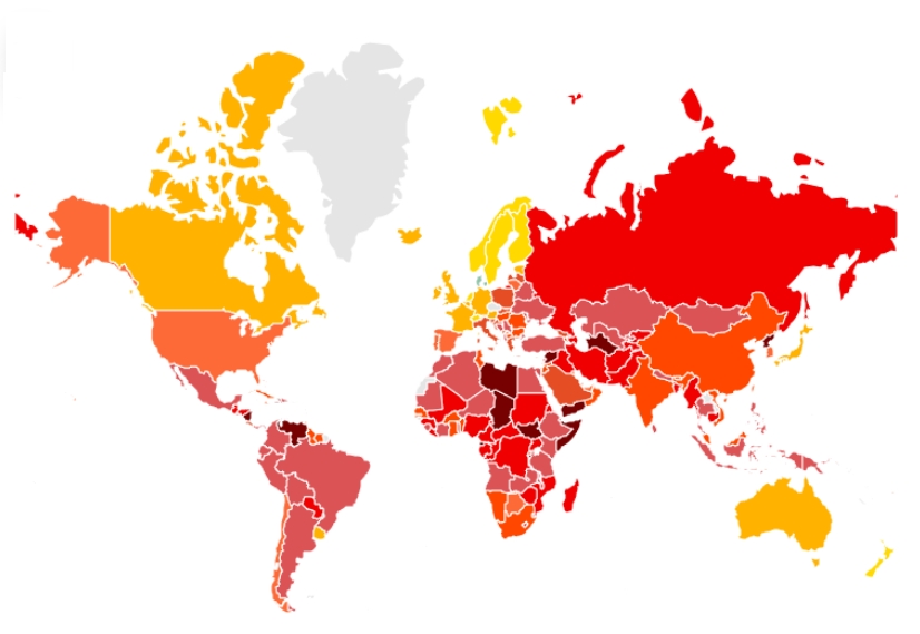  Veja, começando pelo pior de todos, a lista dos 30 países que estão no topo do ranking dos mais corruptos. No mapa, quanto mais escura a tonalidade, maior a corrupção.  Reprodução: Flipar