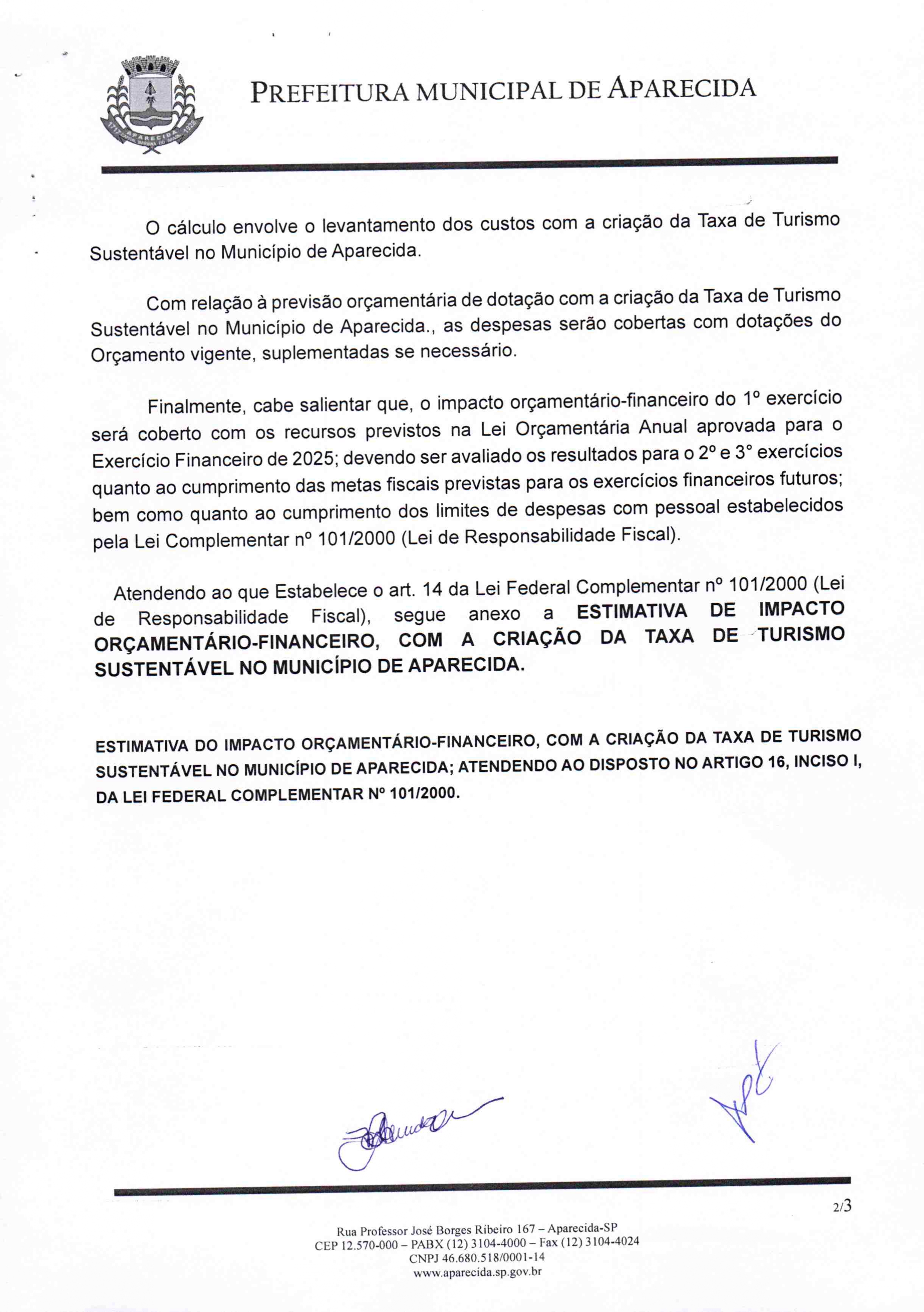 10- Projeto de Lei Complementar nº 004/2025 que cria a Taxa de Turismo Sustentável em Aparecida (SP). Foto: Prefeitura de Aparecida