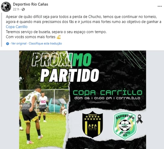 O clube também publicou mensagem dizendo que, apesar da dor pela perda de Chucho, é necessário seguir com a participação na Copa Carrillo. 