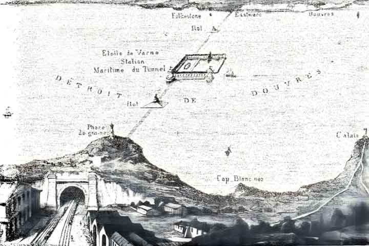 Os planos de uma conexão direta entre a Grã-Bretanha e o continente surgiram ainda no início do século XIX, mas as Guerras Napoleônicas (1803 a 1815) impediram que a ideia fosse adiante.  Ela ressurgiu em projeto de 1856 (foto). 
 Reprodução: Flipar