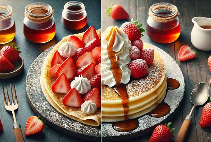 A diferença entre panqueca e crepe está principalmente na textura, espessura e ingredientes da massa, além do modo de preparo. Veja só.
 Reprodução: Flipar