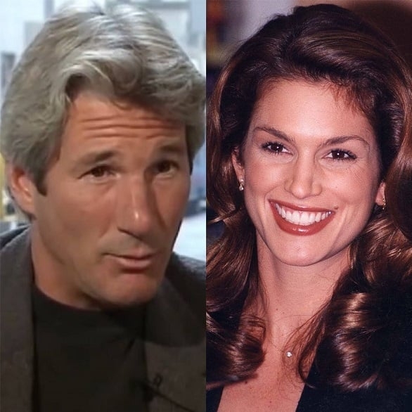 A vida amorosa de Gere foi agitada. Ele foi casado com a supermodelo Cindy Crawford de 1991 a 1995, um relacionamento que deu o que falar na época. Reprodução: Flipar