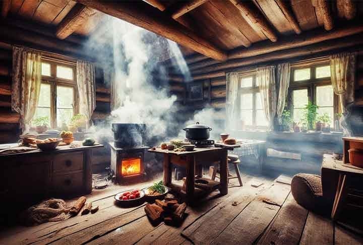 Antes da invenção da chaminé, o fogo era feito no meio de uma sala e a fumaça escapava através de buracos no telhado ou janelas. Esse método era comum em construções como as cabanas primitivas. Reprodução: Flipar
