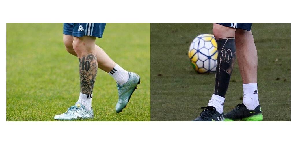 As antigas tatuagens da perna esquerda de Messi x A mais nova tatuagem . Foto: Reprodução/Twitter