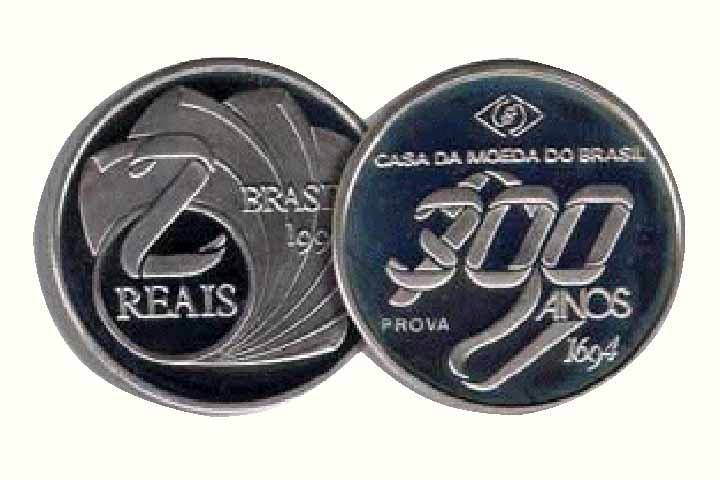 1994: Foram fabricadas 7 mil unidades de R$ 2, em homenagem aos 300 Anos da Casa da Moeda do Brasil. Reprodução: Flipar