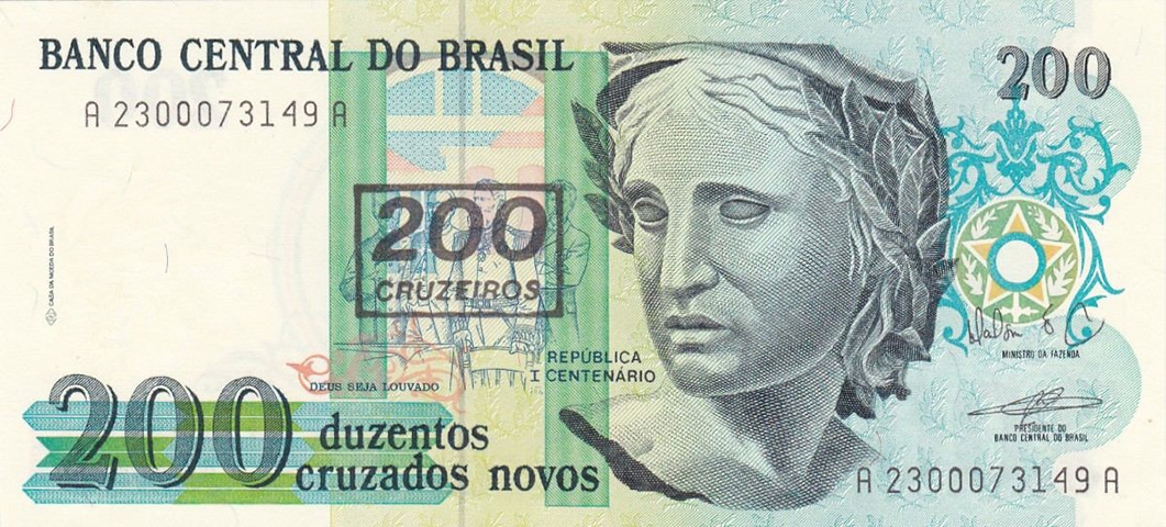 Cruzado Novo: ficou em circulação por apenas um ano, de 16 de janeiro de 1989 a 15 de março de 1990. Era representado pelo símbolo “NCz$”. Reprodução: Flipar