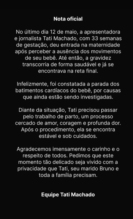Pronunciamento de Tati Machado . Foto: Reprodução: Instagram/@tati