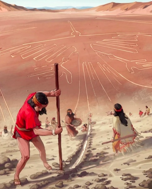 A técnica utilizada para criá-las consistia em remover a camada superficial de pedras escuras, revelando o solo mais claro por baixo.  Reprodução: Flipar