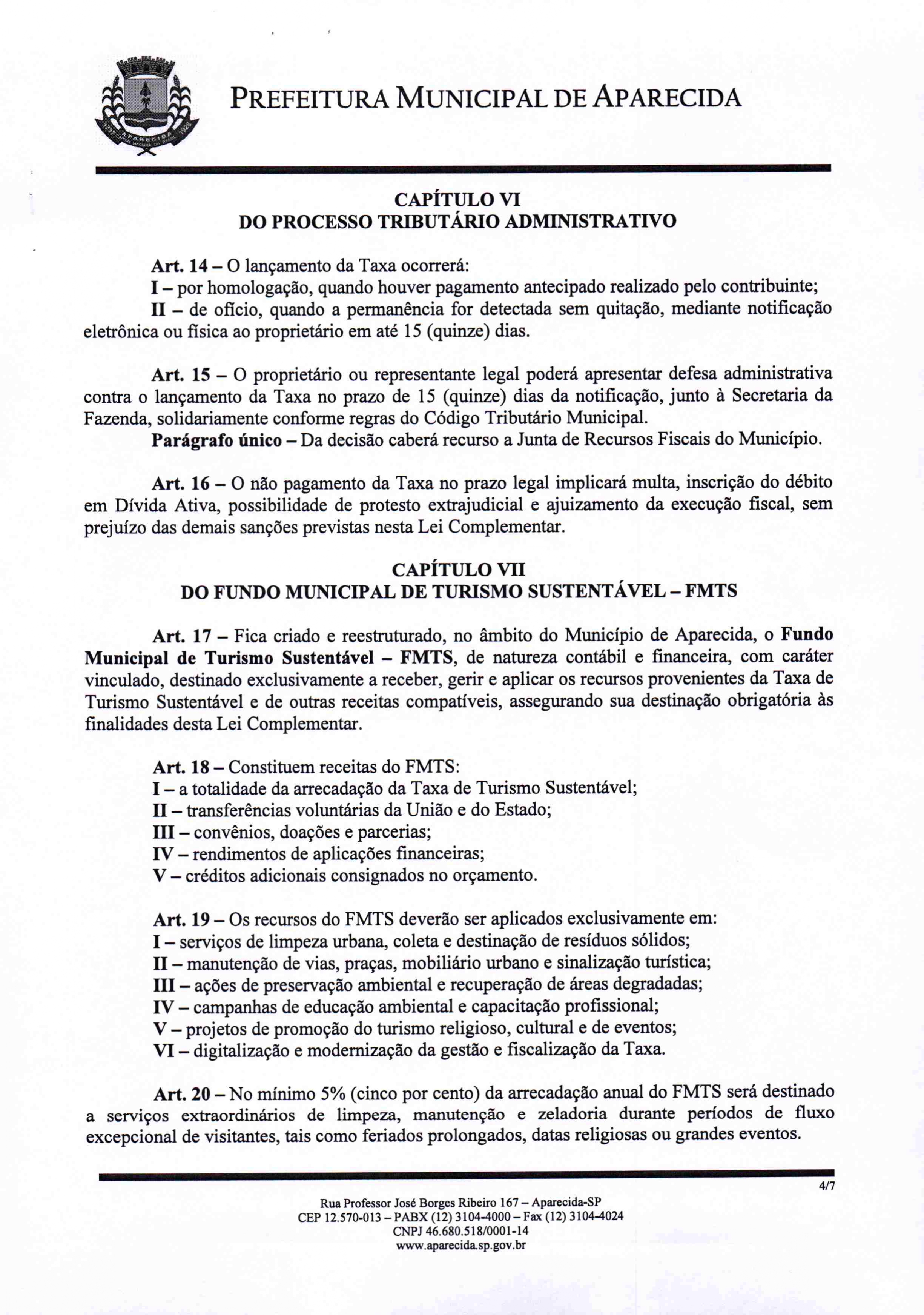 5- Projeto de Lei Complementar nº 004/2025 que cria a Taxa de Turismo Sustentável em Aparecida (SP). Foto: Prefeitura de Aparecida